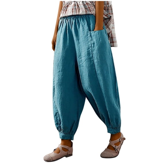 Staron Summer Pants for Women Casual Linen Cotton Elastic High Waist Harem Trousers with Pockets Loose Boho Relaxed Cropped Cuffed Ankle Pants, Blue M