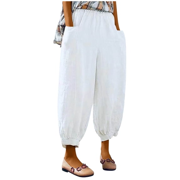 Staron Summer Pants for Women Casual Linen Cotton Elastic High Waist Harem Trousers with Pockets Loose Boho Relaxed Cropped Cuffed Ankle Pants, White XL