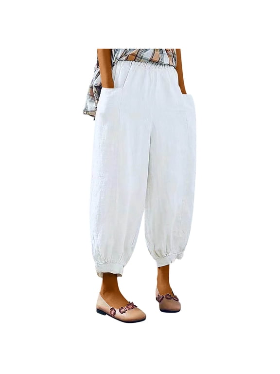 Summer Pants for Women Casual Linen Cotton Elastic High Waist Harem Trousers with Pockets Loose Boho Relaxed Cropped Cuffed Ankle Pants, White XL