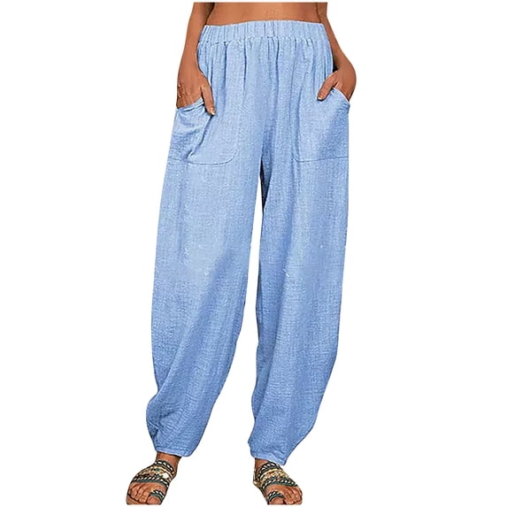Staron Summer Pants for Women Casual Loose Elastic Waist Linen Pocket Trousers Solid Color Long Lounge Pants, Sky Blue XL