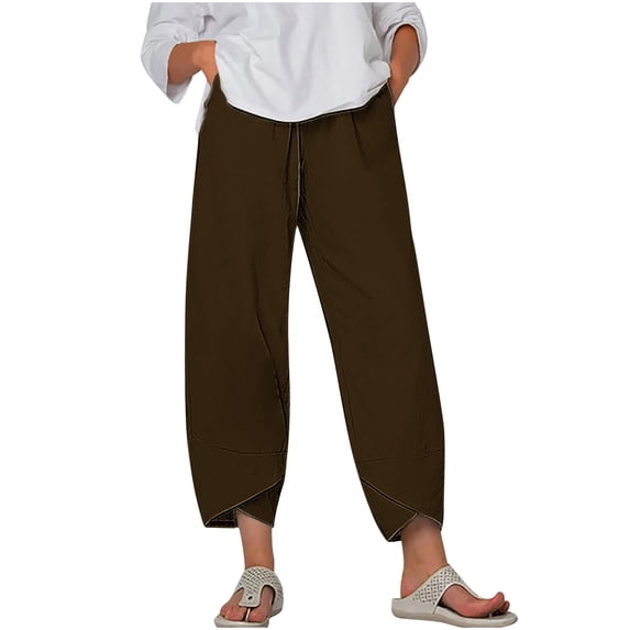 Staron Summer Pants for Women Casual Wide Leg Linen Cropped Trousers with Pockets Comfortable Relaxed Fashion Solid Color, Brown XXL