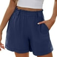 thumbnail image 1 of Staron Summer Pants for Women Linen Casual Wide Leg Shorts Elastic Waist Loose Comfy Solid Color Straight Leg Pants, Navy L, 1 of 7