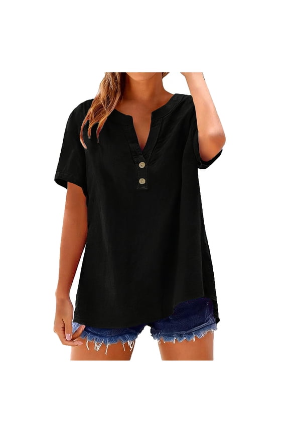 Summer Shirts for Women Casual V Neck Short Sleeve Hooded Blouse Solid Color Loose Comfy Tops, Black S