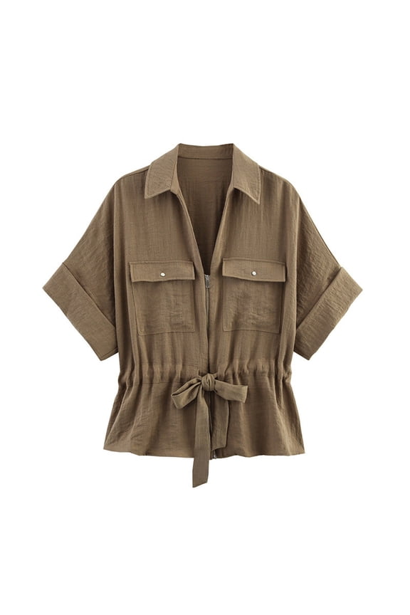Summer Shirts for Women Safari Style Casual Short Sleeve Lapel Top Solid Color V Neck Zipper Bottom Drawstring Linen Shirt, Brown M