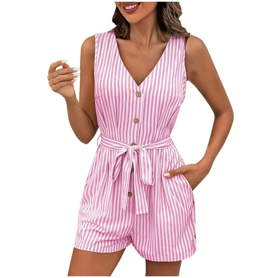 Staron Summer Short Jumpsuit for Women Casual Sleeveless V-Neck Stripe Romper with Front Buttons Pockets and Waist Tie, Pink S