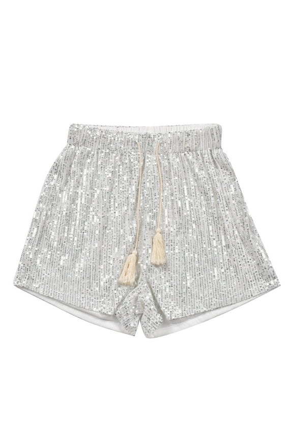 Summer Shorts for Women Sparkly Sequins High Waist Casual Loose A Line Hot Pants with Drawstring Elastic Waistband Club Night Out Party, Silver M