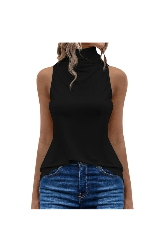 Summer Sleeveless Tank Tops for Women Casual Cropped Blouse High Neck Back Ruffle Detail Light Breathable Basic Top, Black XXL