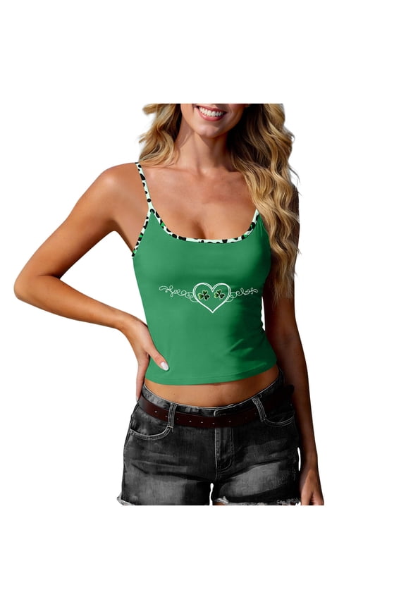 Summer Sleeveless Tops for Women St. Patrick's Day Casual V-Neck Printed Leopard Tank Blouse, Green XXL