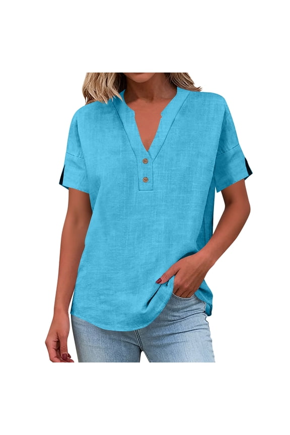 Summer Spring Women's Shirts V-Neck Loose Blouse Casual Fashion Short Sleeve Button Up Top with Pockets, Blue XXL