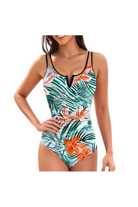 Summer Swimsuits for Women Tie Dye Floral Print Backless Strap Bikini with Removable Padded Bra High Cut Slimming One Piece Swimsuit, Blue XXL
