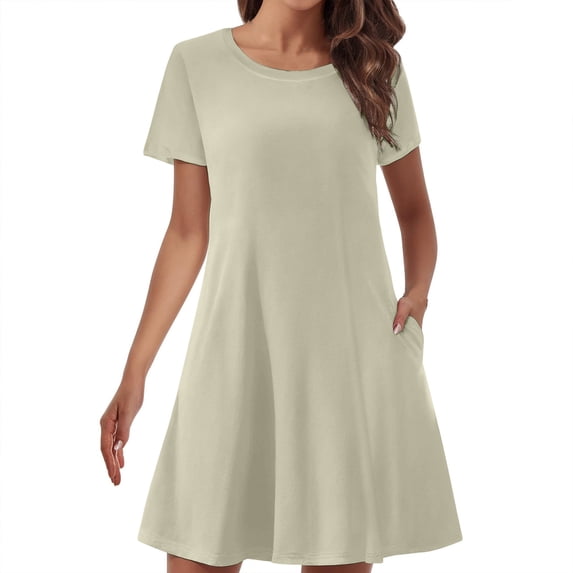 Staron Summer T-Shirt Dress for Women Casual Round Neck Short Sleeve Solid Color with Pockets Loose Fit Basic Tank Dress, Beige M