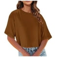 thumbnail image 1 of Staron Summer T-Shirts for Women Casual Round Neck Short Sleeve Solid Color Basic Blouse Pullover Top, Brown XL, 1 of 6