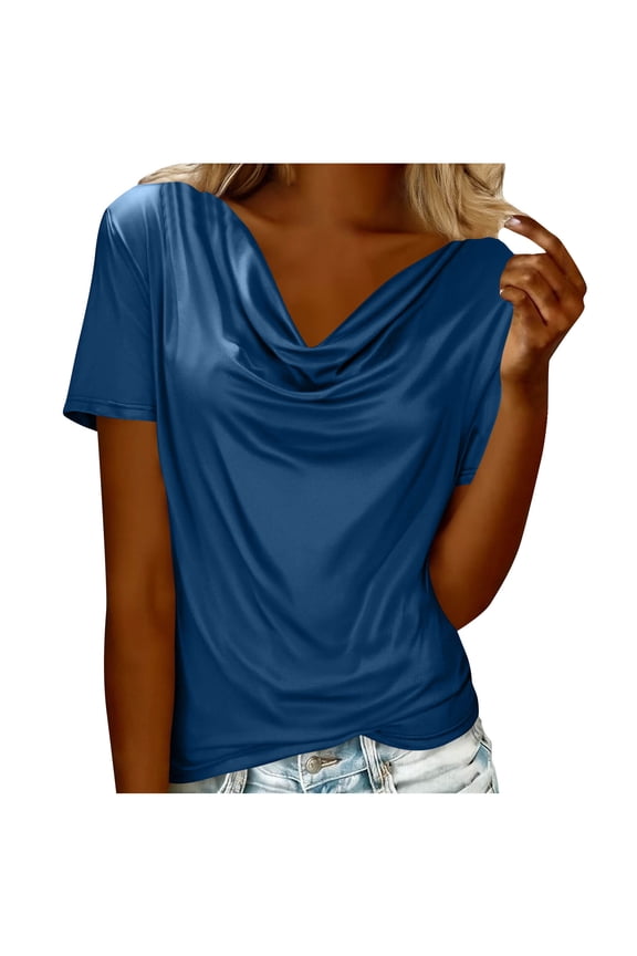 Summer T-Shirts for Women Casual Short Sleeve Solid Color Stacked Neck Breathable Relaxed Basic Tee Top, Blue XXL