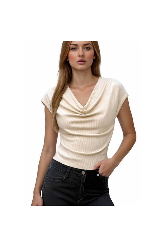 Summer T-Shirts for Women Casual V-Neck Quarter Sleeve Solid Color Ribbed Stacked Neckline Breathable Basic Relaxed Top, Beige XXL