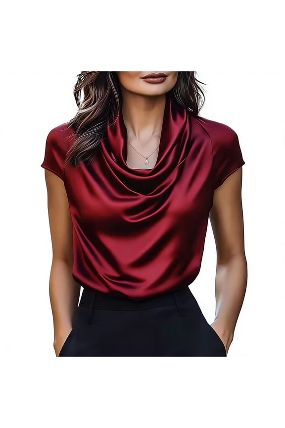Summer T-Shirts for Women Elegant Cowl Neck Casual Short Sleeve Solid Color Satin Blouse Top, Wine XL
