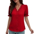thumbnail image 1 of Staron Summer T-Shirts for Women Lace Trim Casual V-Neck Short Sleeve Pullover Blouse Top, Red XL, 1 of 6