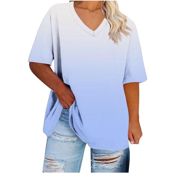 Staron Summer T-Shirts for Women Plus Size Oversized Casual V-Neck Short Sleeve Ombre Basic Loose Fit Comfy Vacation Top, Sky Blue 4XL