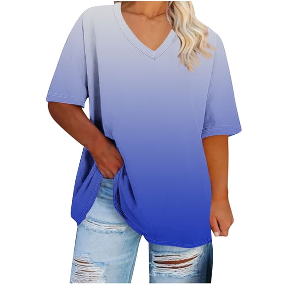 Staron Summer T-Shirts for Women Plus Size Oversized V-Neck Short Sleeve Casual Ombre Loose Basic Tee Top, Navy 4XL