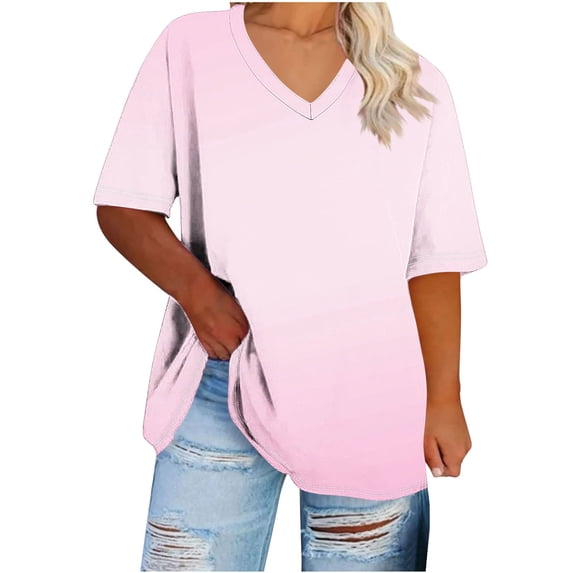 Staron Summer T-Shirts for Women Plus Size Oversized V-Neck Short Sleeve Casual Ombre Loose Basic Tee Top, Pink M