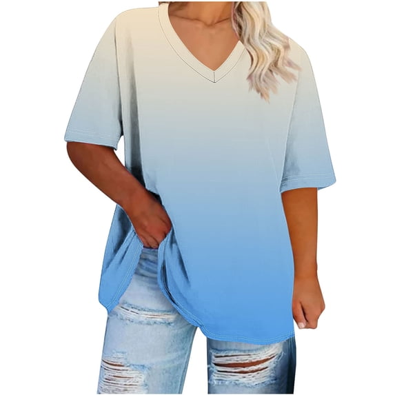 Staron Summer T-Shirts for Women Plus Size Oversized V-Neck Short Sleeve Casual Ombre Loose Basic Tee Top, Yellow XL