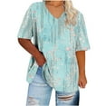 thumbnail image 1 of Staron Summer T-Shirts for Women Plus Size V-Neck Short Sleeve Casual Loose Printed Solid Color Basic Tee, Light Blue 5XL, 1 of 4
