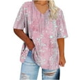 thumbnail image 1 of Staron Summer T-Shirts for Women Plus Size V-Neck Short Sleeve Casual Loose Printed Solid Color Basic Tee, Pink XL, 1 of 4