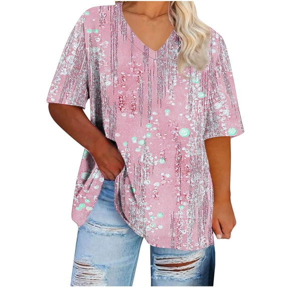 Staron Summer T-Shirts for Women Plus Size V-Neck Short Sleeve Casual Loose Printed Solid Color Basic Tee, Pink XL