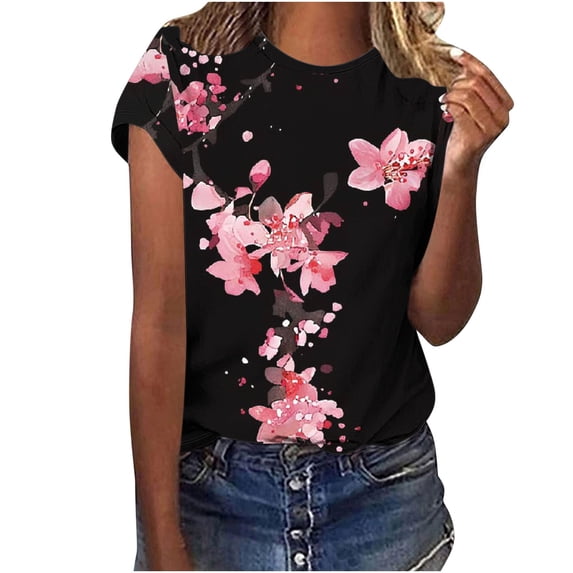 Staron Summer T-Shirts for Women Printed Casual Round Neck Short Sleeve Loose Fit Fashion Top, 3XL