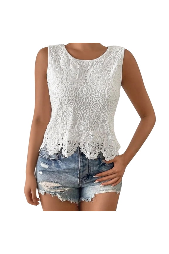 Summer Tank Tops for Women Lace Sleeveless Round Neck Casual Comfy Relaxed Basic Solid Color Blouse, White M