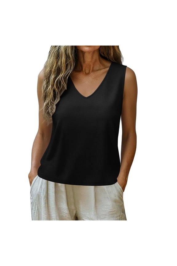 Summer Tank Tops for Women V Neck Sleeveless Casual Loose Beach Vacation Tops Solid Fashion Comfy Tank Top, Black M