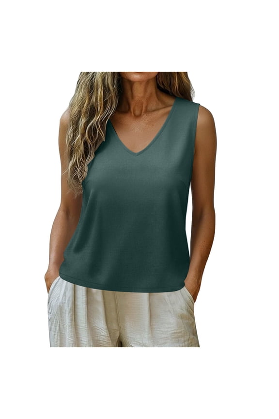 Summer Tank Tops for Women V Neck Sleeveless Casual Loose Beach Vacation Tops Solid Fashion Comfy Tank Top, Navy M