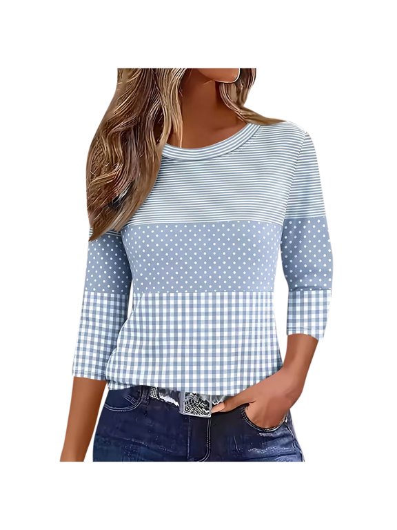 Summer Tops for Women Casual Fashion Print Blouse Round Neck 3/4 Sleeve Striped Polka Dot Plaid Basic Comfy Slim Lightweight Tshirt, Light Blue S