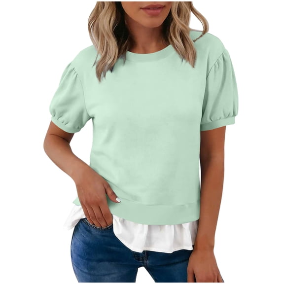 Staron Summer Tops for Women Puff Sleeve Ruffle Round Neck Short Sleeve Casual Basic Comfy Fashion Trendy Vacation Holiday Beach Travel Loose Blouse, Green L