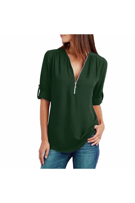 Summer Tops for Women Blouse V Neck Zip 3/4 Sleeve Casual Basic Comfy Loose Chiffon Tunic Blouse, Green M