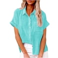thumbnail image 1 of Staron Summer Tops for Women Casual Button Shirt V-Neck Short Sleeve Loose Blouse Cotton Linen Vintage Fashion T-Shirt, Light Blue 4XL, 1 of 6