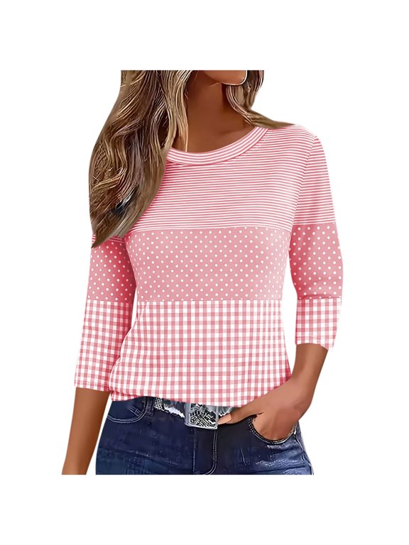 Summer Tops for Women Casual Fashion Print Blouse Round Neck 3/4 Sleeve Striped Polka Dot Plaid Basic Comfy Slim Lightweight Tshirt, Pink L
