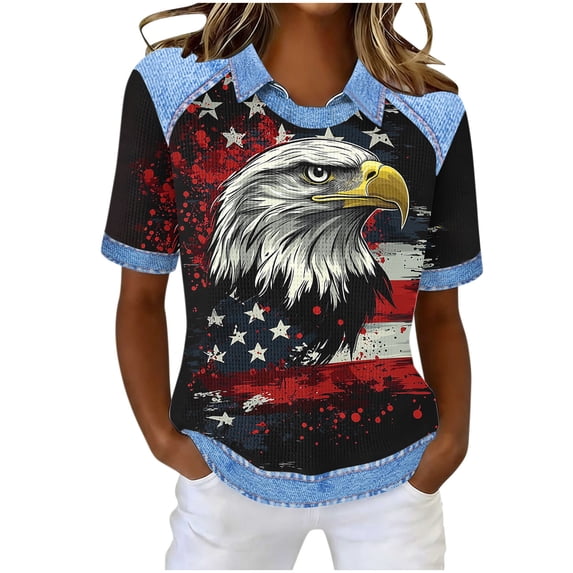 Staron Summer Tops for Women Casual Fashion Round Neck Short Sleeve Waffle Knit Printed Lapel Shirt, Black XXL