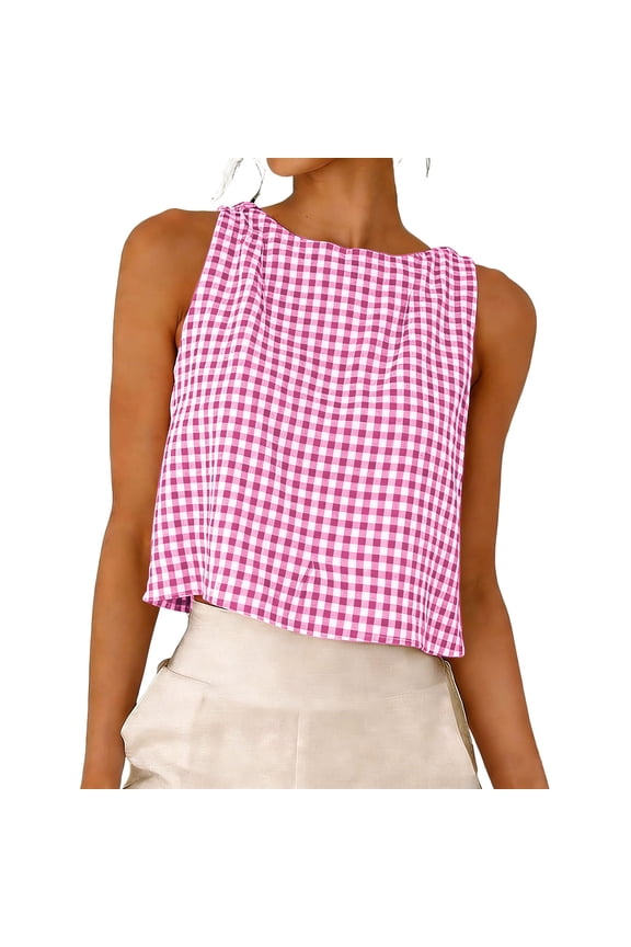 Summer Tops for Women Casual Plaid Sleeveless Shirt Round Neck Reversible Tank Top Loose Fit Beach Vacation Party Wear, Pink XXL