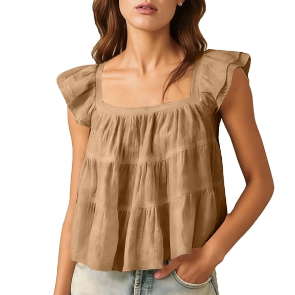 Staron Summer Tops for Women Casual Square Neck Short Sleeve Pullover Comfy Loose Solid Basic Fashion Blouse, Khaki S