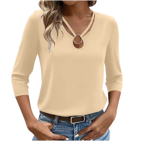 Staron Summer Tops for Women Casual V Neck 3/4 Sleeve Blouses Loose Button Up Shirts Trendy Cute T-Shirts Outfits, Beige M