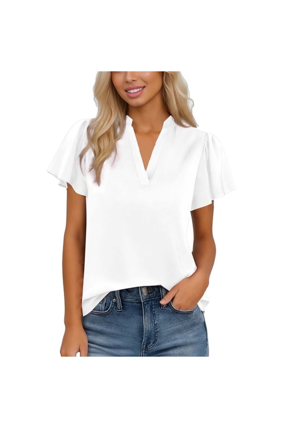 Summer Tops for Women Casual V-Neck Ruffled Sleeve Loose Four-Way Stretch Solid Color Basic Tee Shirt, White XXL