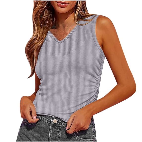 Staron Summer Tops for Women Casual V Neck Sleeveless Cropped Tank Blouse Basic Relaxed Loose Fit Tee, Gray XL