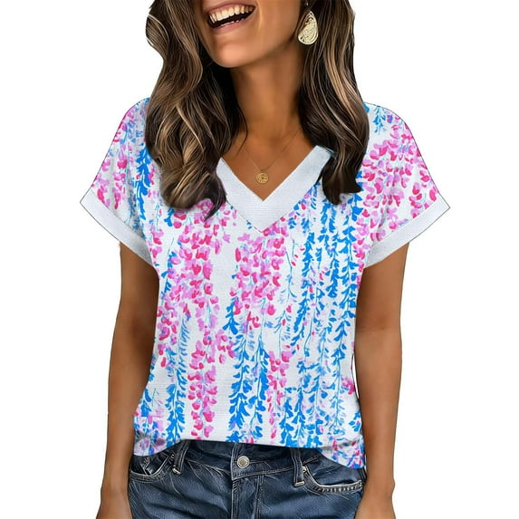 Staron Summer Tops for Women Casual Vintage Printed V-Neck Short Sleeve Loose Comfortable Basic Tee Shirt, Purple XL