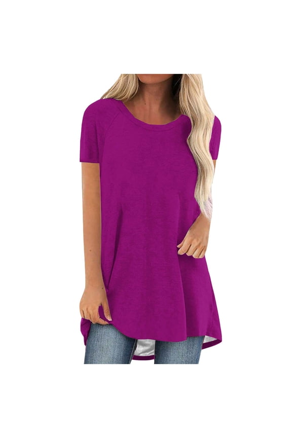 Summer Tops for Women Cotton Short Sleeve Round Neck Loose Fit Casual Basic T Shirts Curved Hem Flowy Comfy Blouses, Purple XL