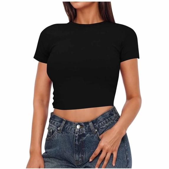 Staron Summer Tops for Women Crop Top Casual Cute Trendy Basic Tight Round Neck Short Sleeve Blouse, Black L