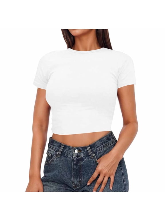 Summer Tops for Women Crop Top Casual Cute Trendy Basic Tight Round Neck Short Sleeve Blouse, White XL