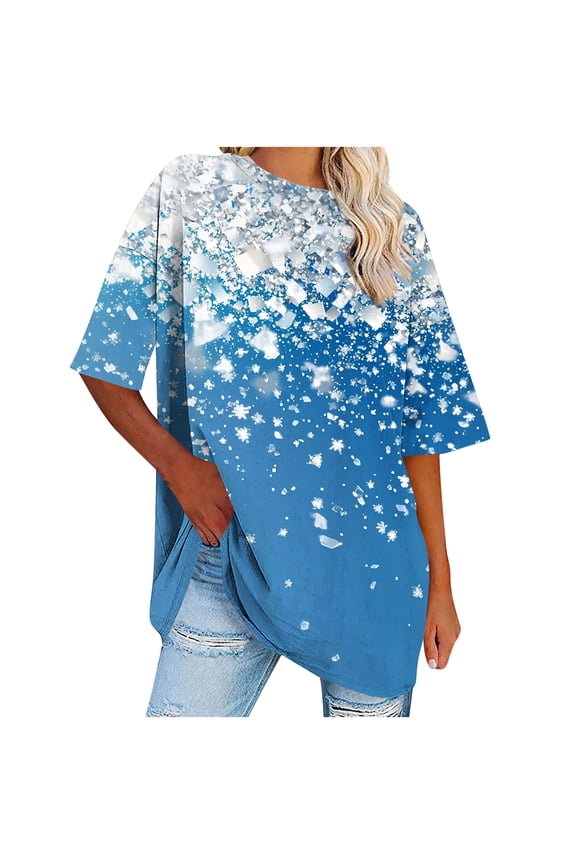 Summer Tops for Women Oversized T-Shirt Gradient Snowflake Round Neck Short Sleeve Casual Loose Beach Holiday Comfy Tee, Sky Blue XXL