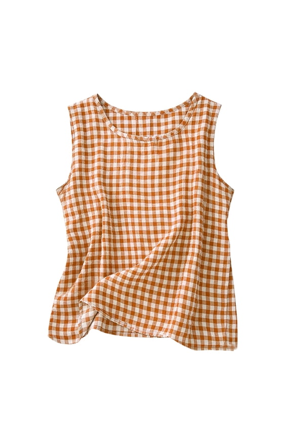 Summer Tops for Women Plaid Sleeveless Shirt Round Neck Casual Beach Vacation Party Tank Top, Orange 3XL