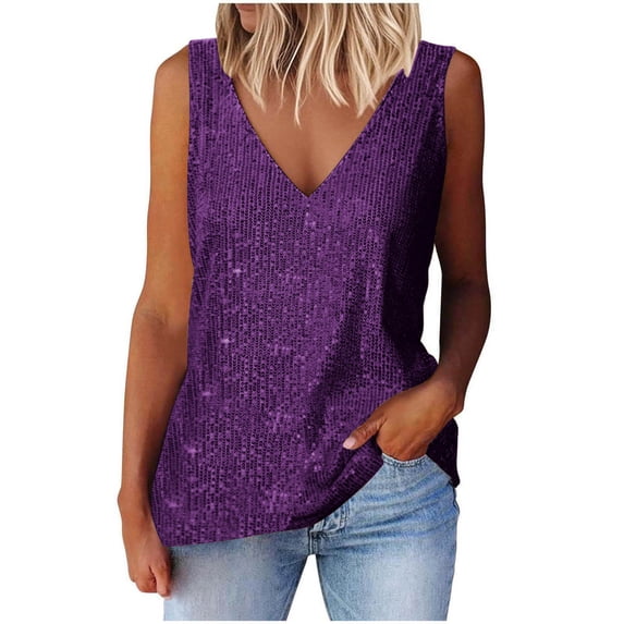 Staron Summer Tops for Women Sequin V Neck Sleeveless Casual Loose Party Tank Top, Purple XL
