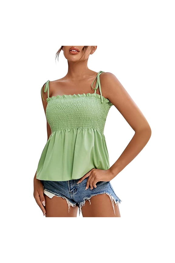 Summer Tops for Women Square Neck Spaghetti Strap Sleeveless Smocked Ruffle Pleated Casual Boho Vacation Beach Loose Crop Tank Top, Green XXL